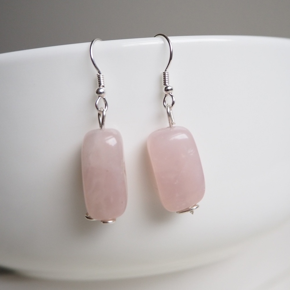 Rose Quartz Stone Silver Dangle Earrings